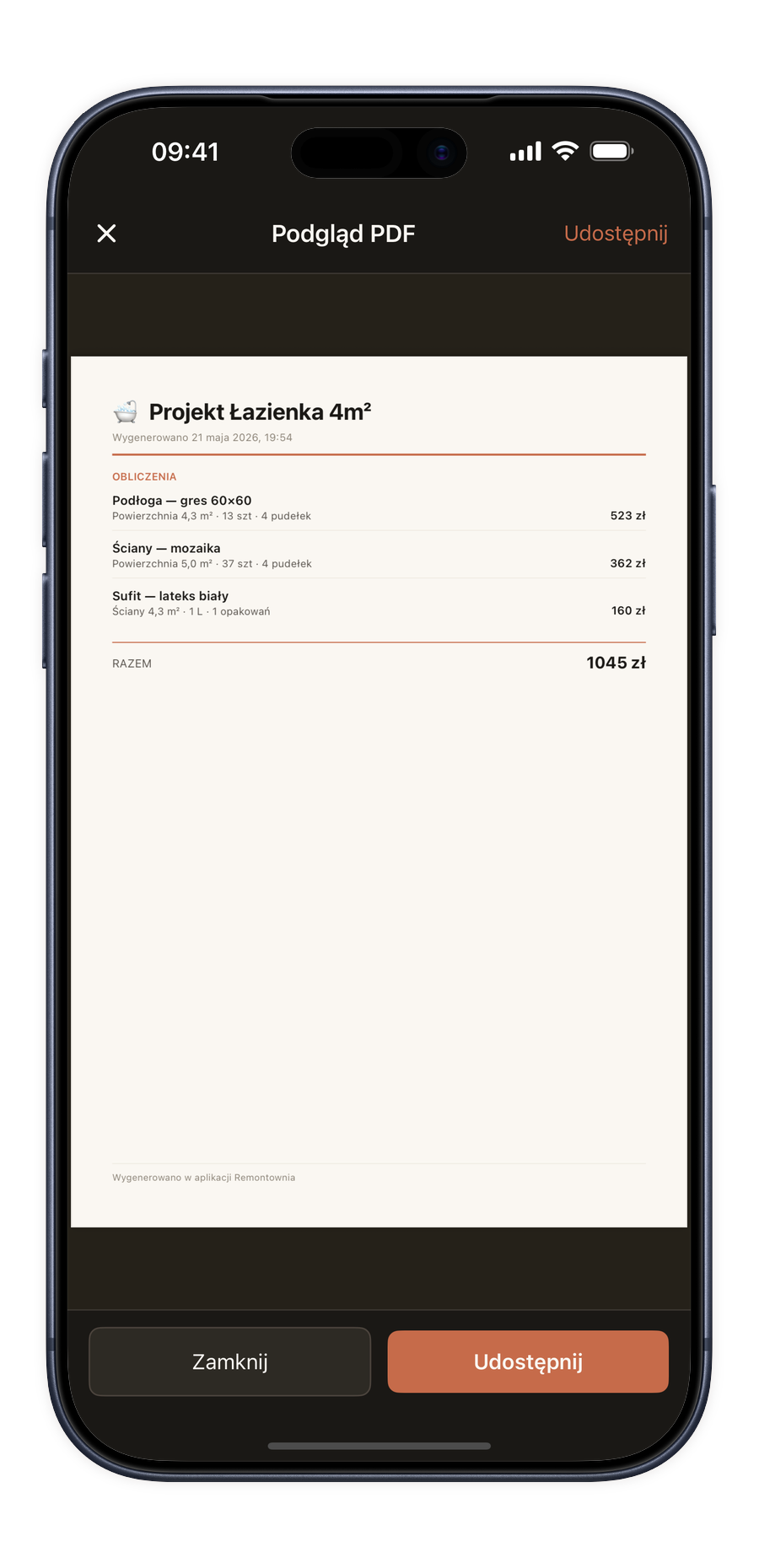 Zrzut ekranu eksportu PDF Remontownia w ramce telefonu