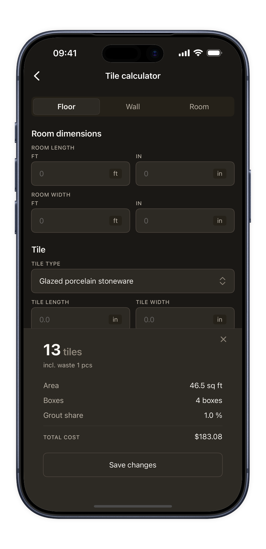 Tile calculator in the Renoery app